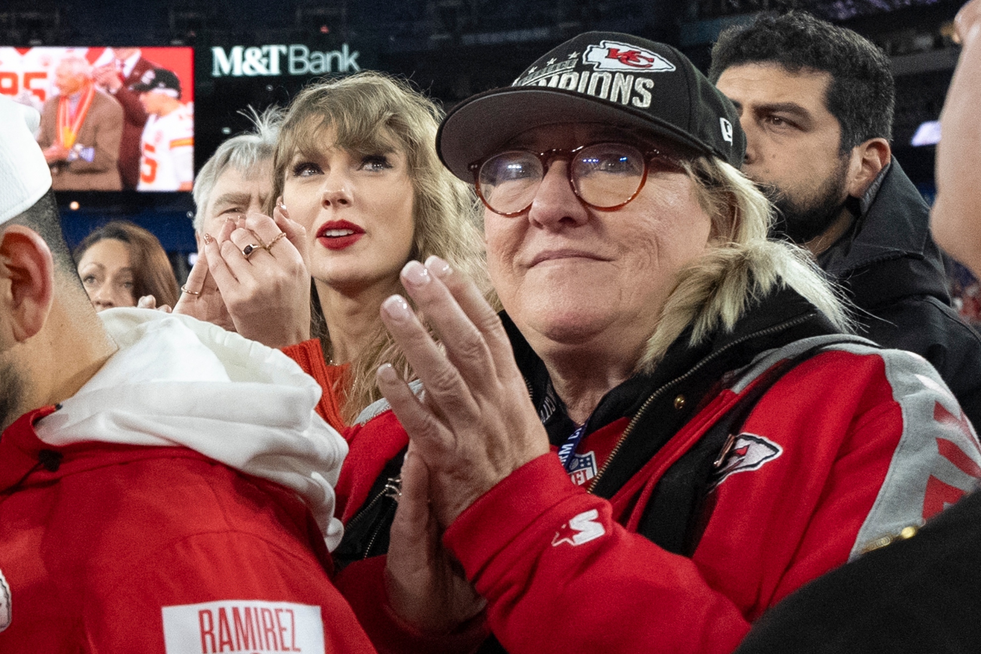 Taylor Swift stands with Donna Kelce after an AFC Championship NFL football game between the Kansas City Chiefs and the Baltimore Ravens