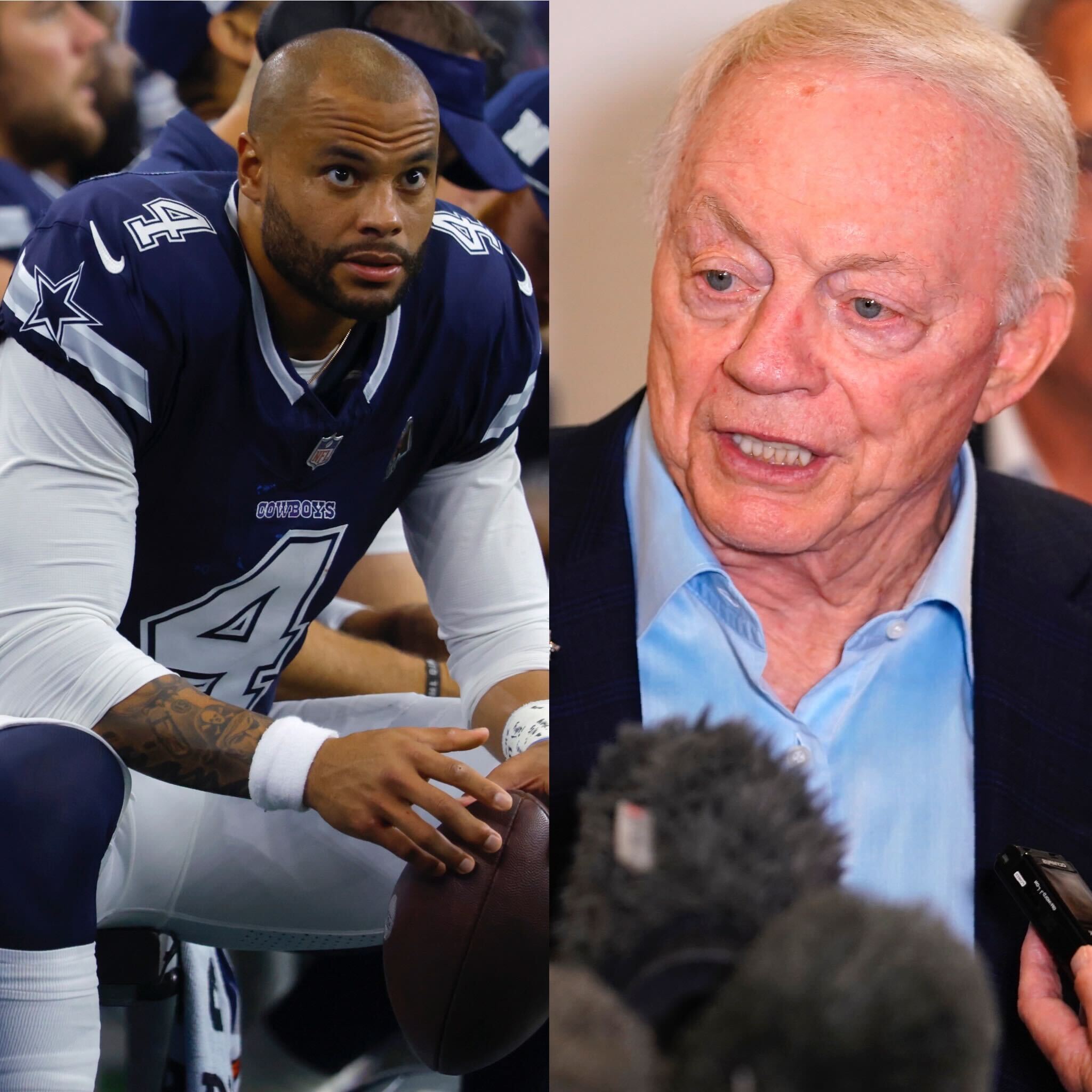 Dallas Cowboys quarterback Dak Prescott (4) sits on the bench and Cowboys owner Jerry Jones (right) talks to the media