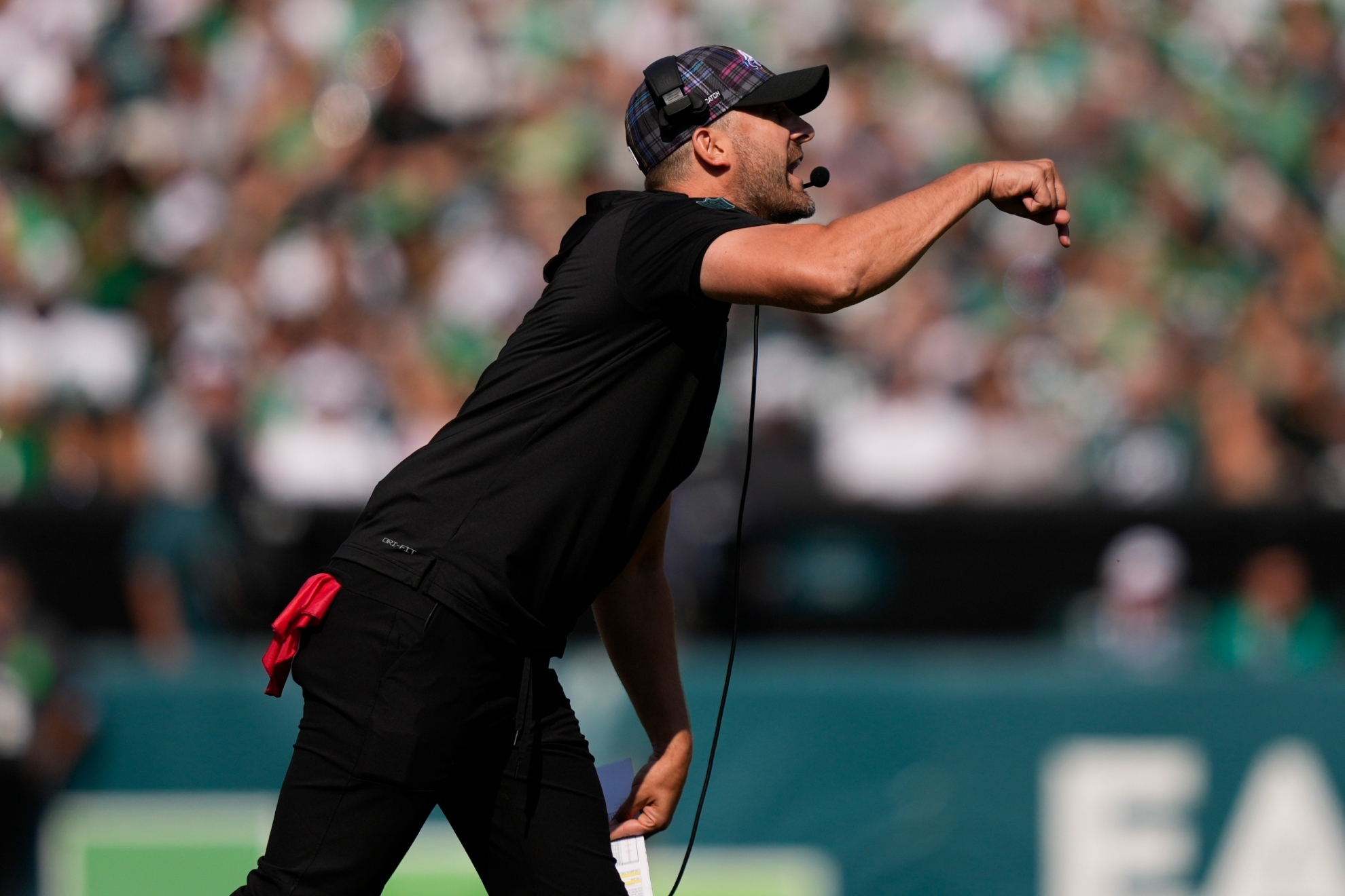 Head coach Nick Sirianni gestures during the first half of an NFL football game against the Cleveland Browns